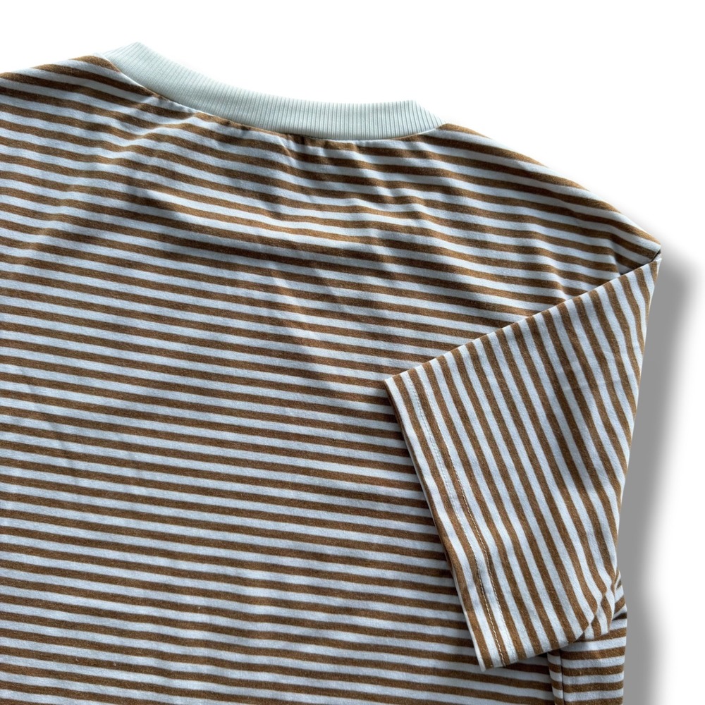 Womens Size M Tan White Striped Short Sleeve Crew Neck T-Shirt Cozy Classic Boxy